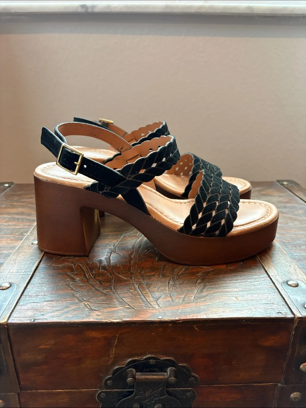Wedge Sandals with Braided Straps in Black